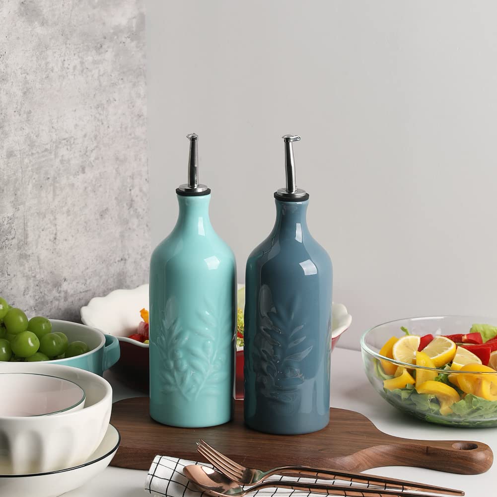 Sweejar Ceramic Olive Oil Dispenser Bottle, 20 Oz Relief Opaque Oil Cruet Protects Oil To Reduce Oxidation, Suitable for Storage Oil, Vinegar, Soy Sauce, Coffee Syrup, Liquids, Set of 1 (Fog Blue)