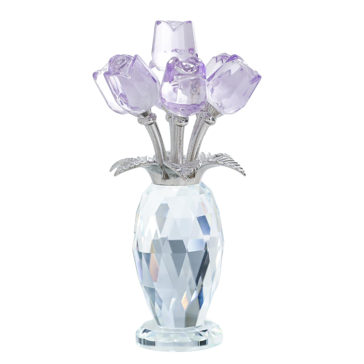 MysticGlitz Purple Crystal Rose Figurine in Faceted Vase - Hand-Polished 5.7" Glass Flower Statue Home Decor - Forever Rose Collectible for Mothers Day, Birthday, Wedding for Her