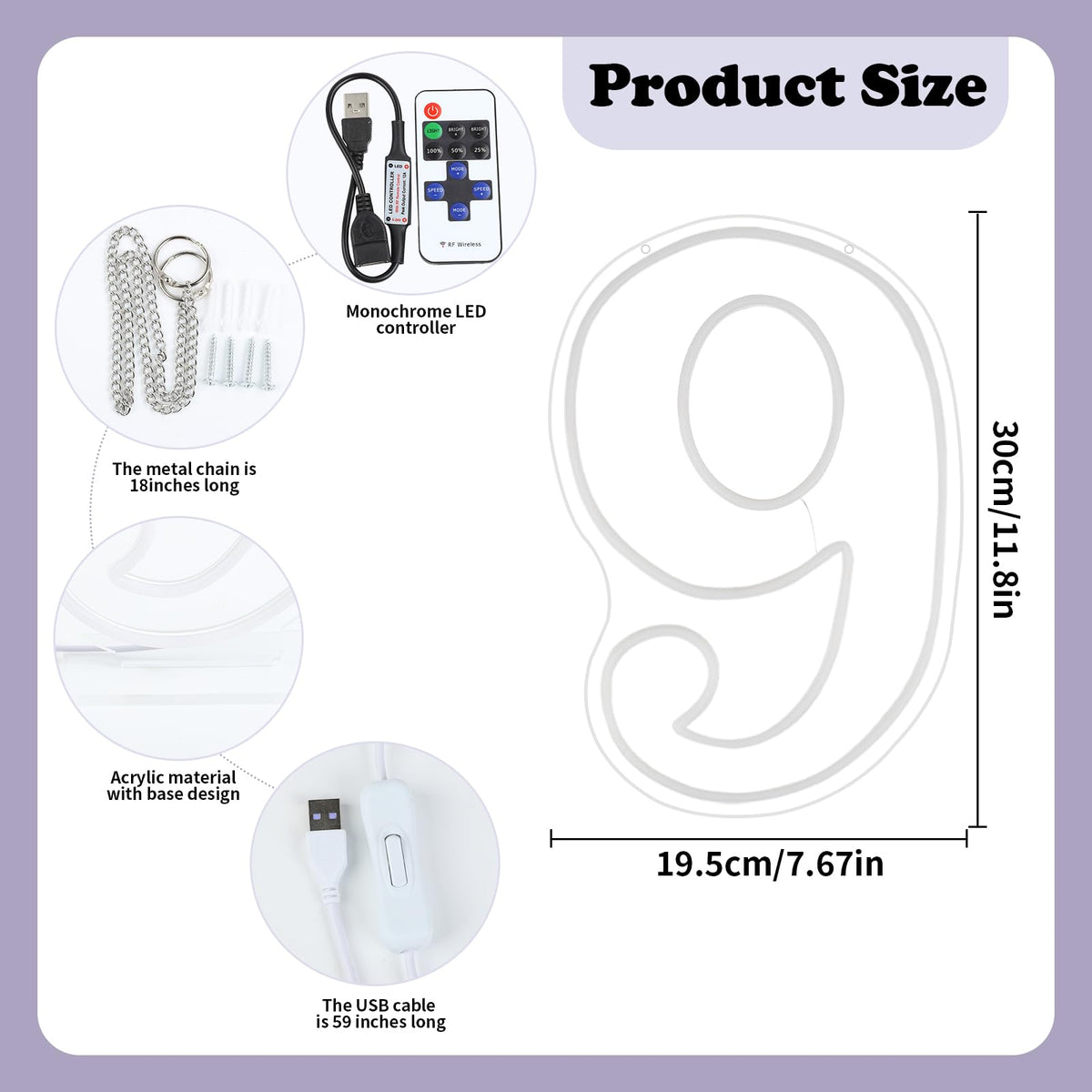 RUMONZS LED Acrylic Light up Number, Decorative Transparent Light up Letters USB Powered Big Number Sign Light for Birthday, Night Light, Party, Anniversary, Christmas, Home Decor, Wedding 11.8'' (number9)