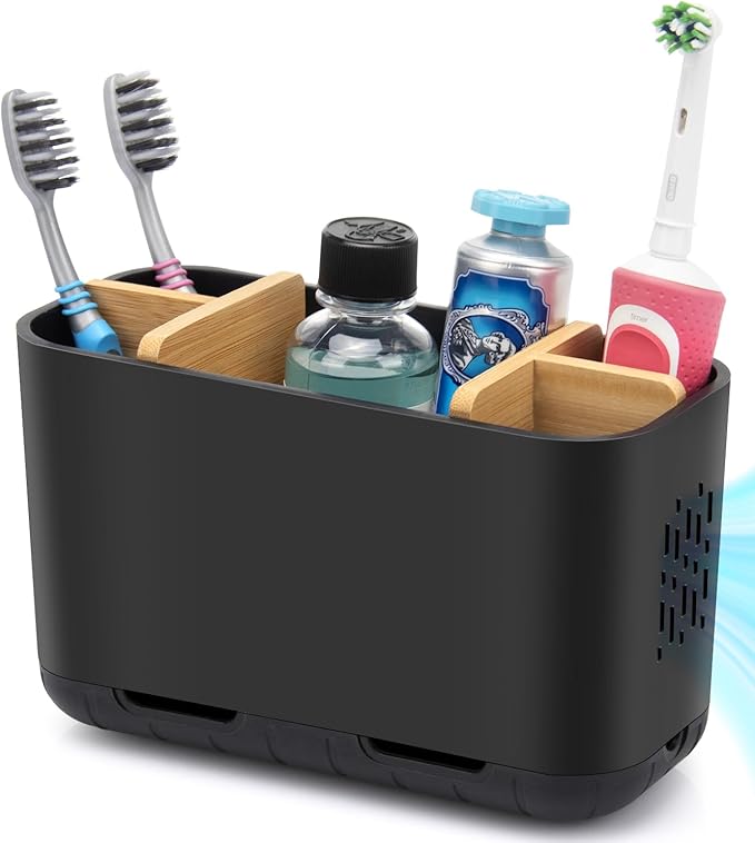 Black Toothbrush Holder, Bamboo Toothbrush and Toothpaste Holder