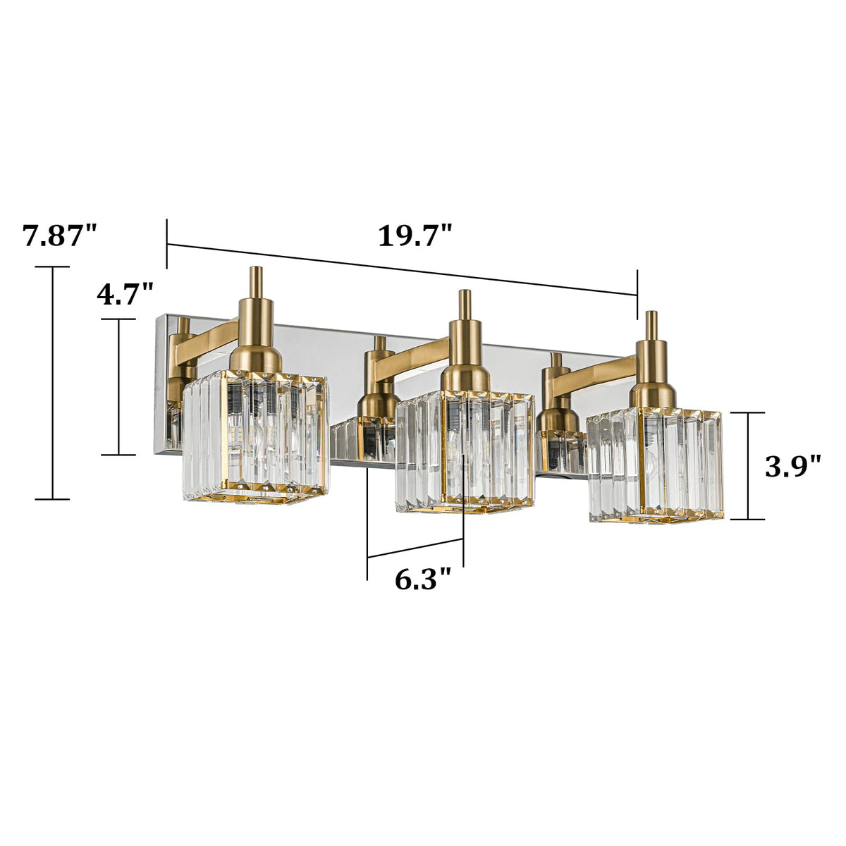 HUOKU Crystal Bathroom Vanity Light Gold Chrome 3-Light Modern Bathroom Lighting Fixtures Over Mirror Square Wall Sconce