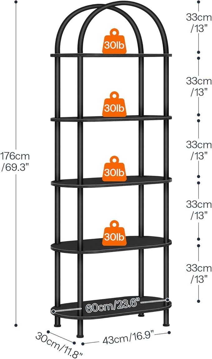 HOOBRO 5 Tier Open Bookshelf, Industrial Arched Bookcase Display Shelf Rack