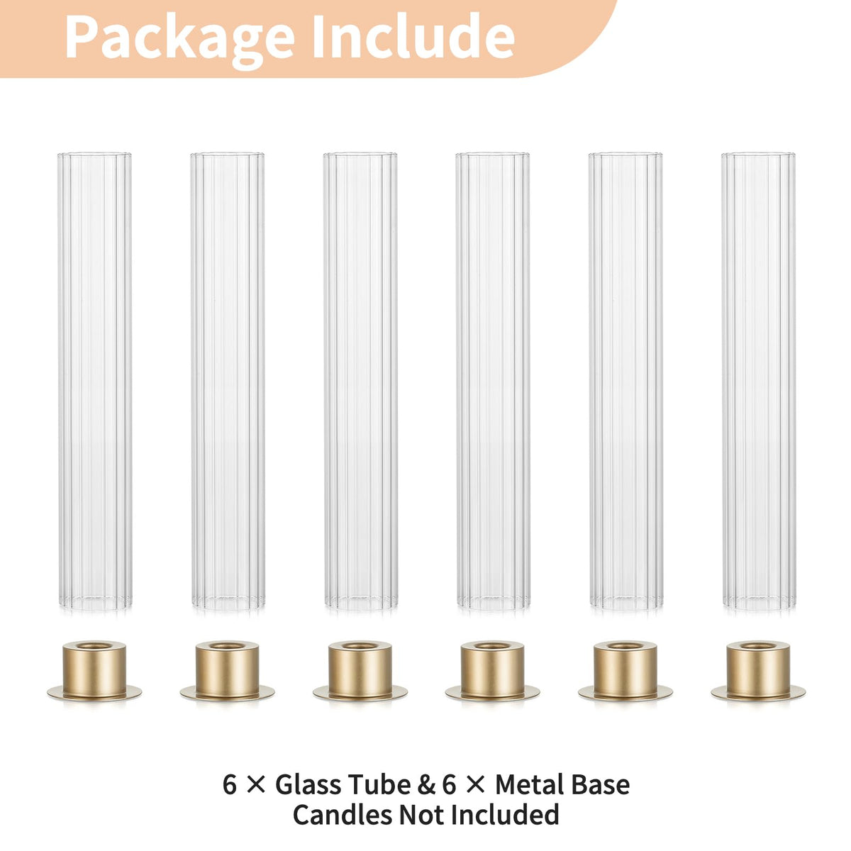 NUPTIO Candlestick Holder with Fluted Hurricane: Set of 6 Metal Candle Holders with Glass Cylinders - Gold Taper Candleholders for Birthday Valentine Wedding Table Centerpiece Outdoor Decor