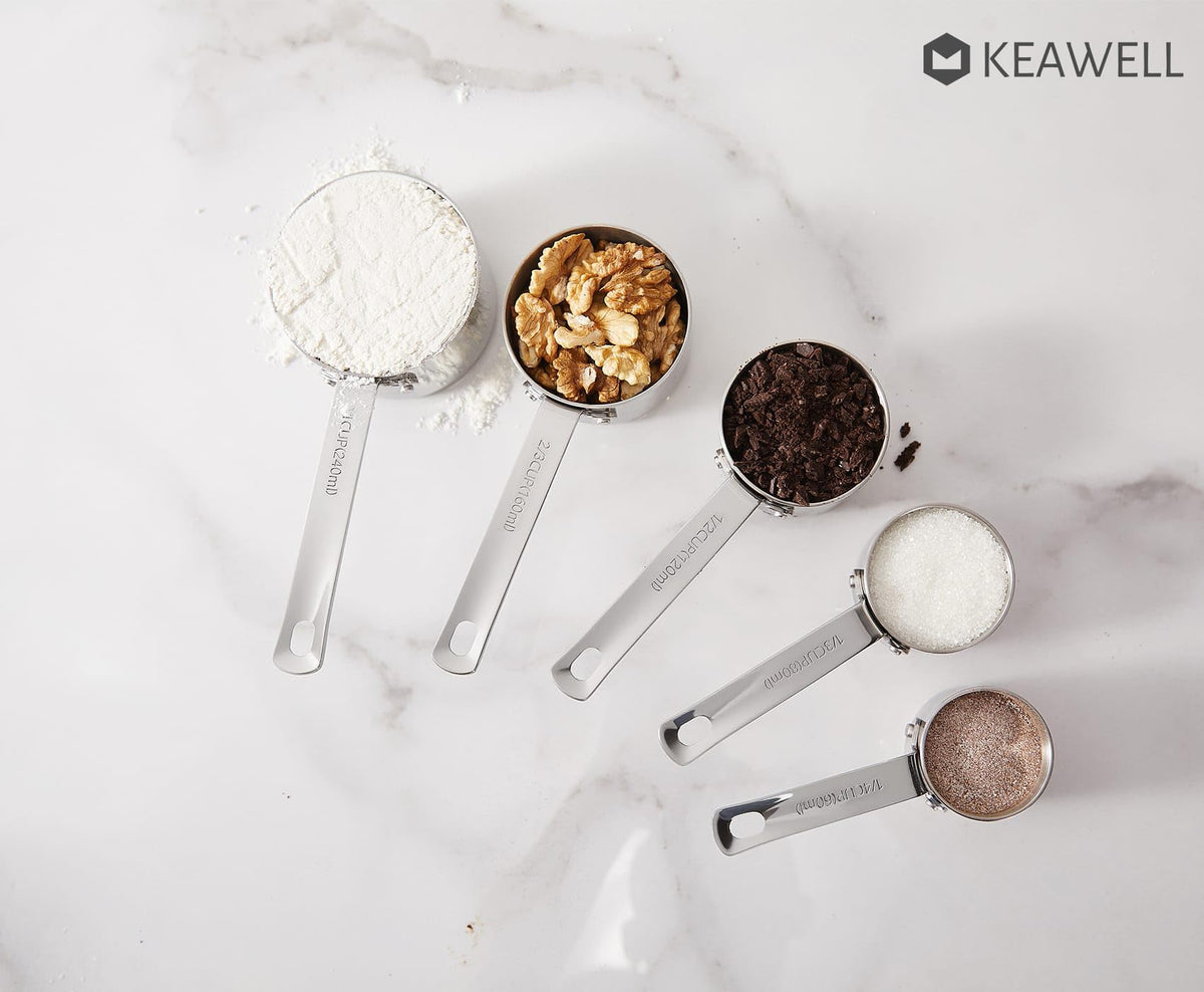 KEAWELL Premium 5-Piece Measuring Cups Set –1/4, 1/3, 1/2, 2/3, and 1 cup-18/10 Stainless Steel - Upscale, Durable, Stackable, Dishwasher Safe (Silver, 5PC Measuring Cups)