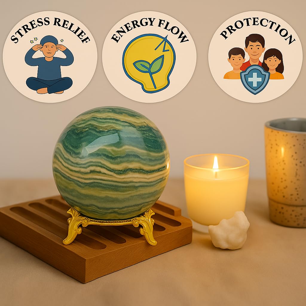 WholesaleGemShop Natural Green Ocean Jasper Quartz 40-45 mm Ball Sphere with Stand Gemstone A+ Hand Carved Crystal Altar Healing Devotional Spiritual Chakra Cleansing Metaphysical Gift for Men Women
