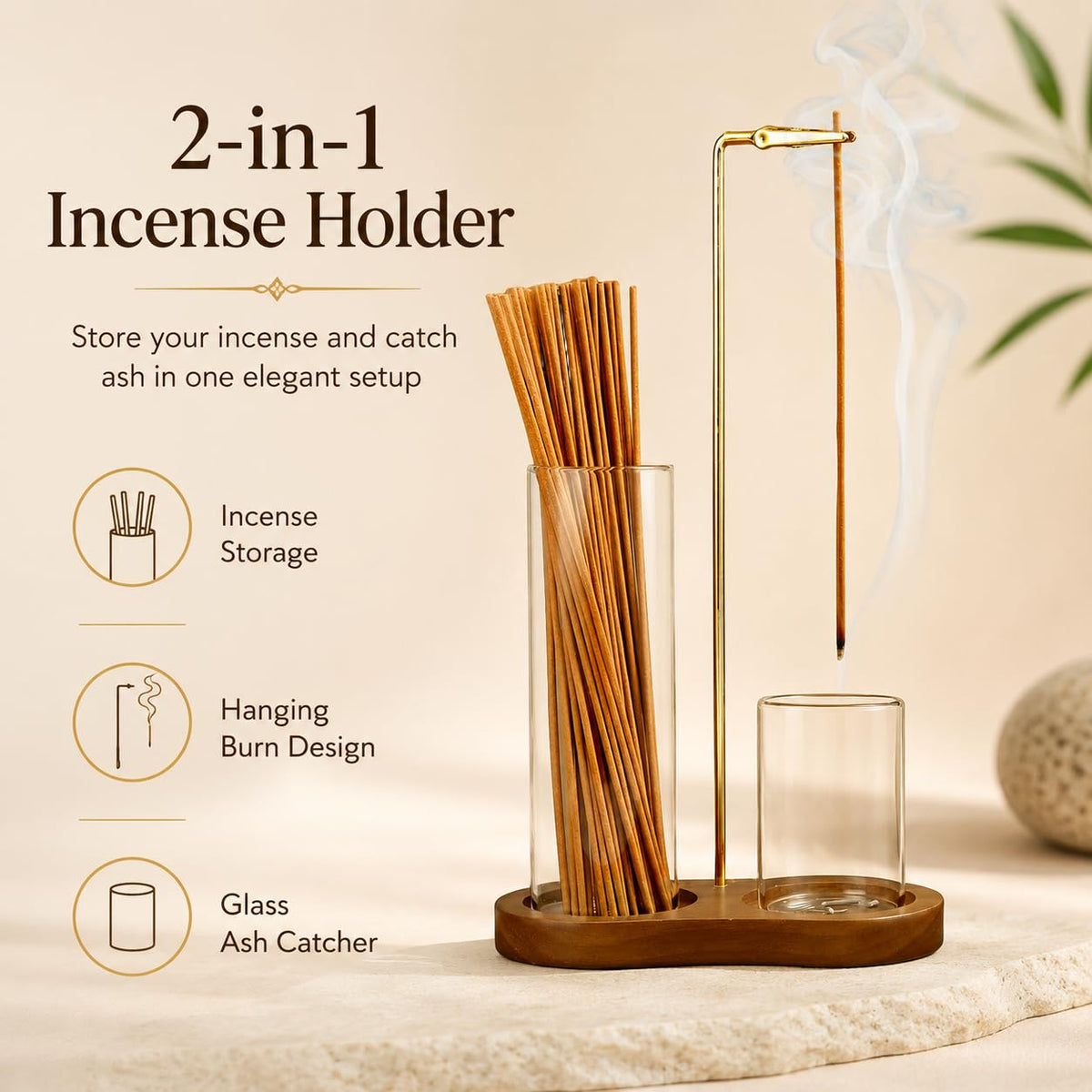 Incense Holder for Sticks, Wooden Incense Burner with Glass Ash Catcher, Anti-Ash Vertical Incense Stick Holder for Meditation Yoga Spa Home Decor