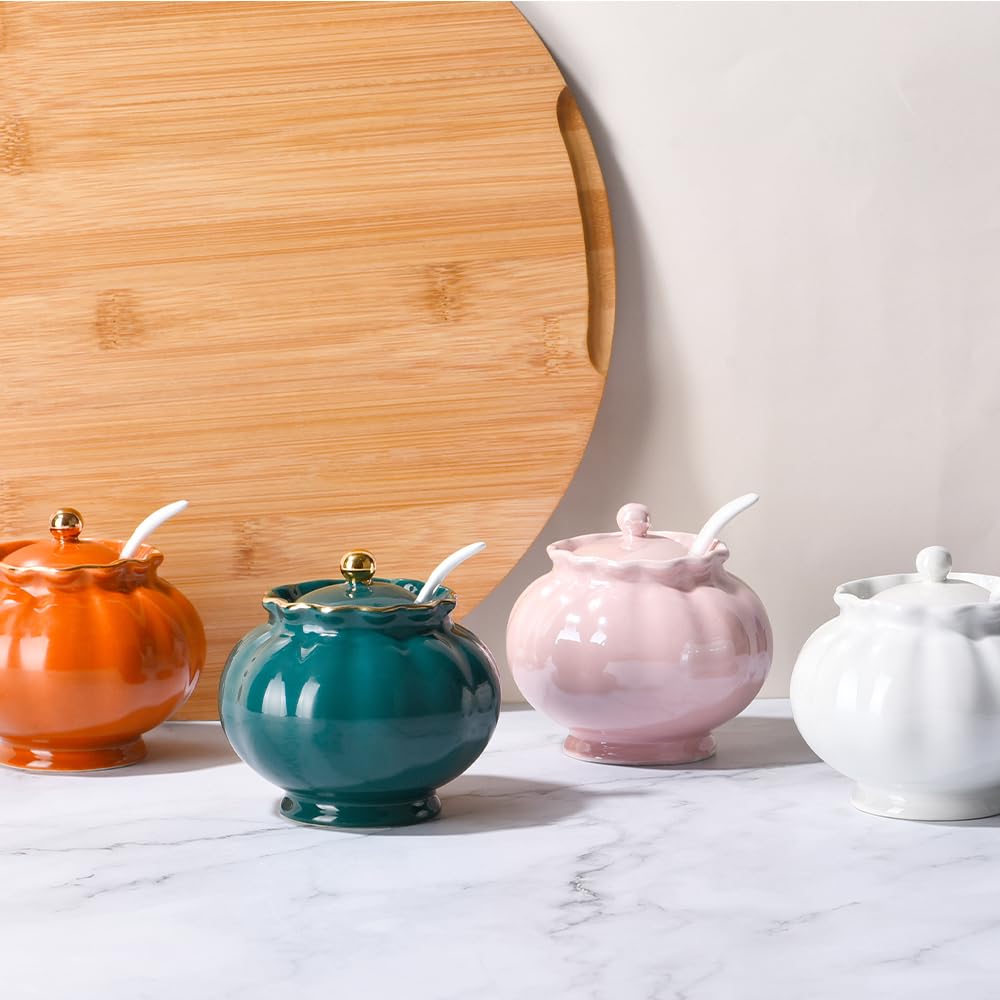 Ursword Iridescent Sugar Bowl, Porcelain Salt Cellar with Lid and Spoon, 9oz Sugar Jar for Coffee Bar, Salt Box Sugar Containers for Seasoning, Spice, Sauce, Elegant Decor for Kitchen Countertop