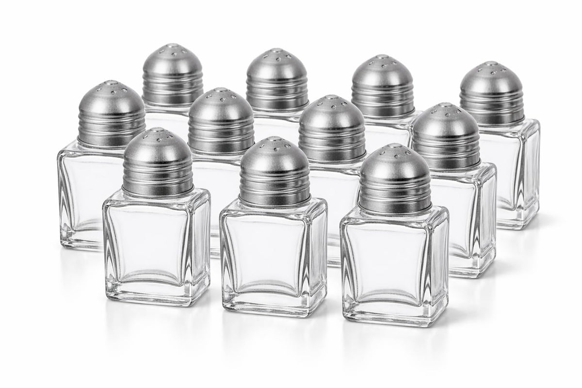 12 Pack Glass Salt and Pepper Shakers with Stainless Steel Lids – Square Refillable Spice Shaker Set for Restaurant, Kitchen, Diner & Commercial Use