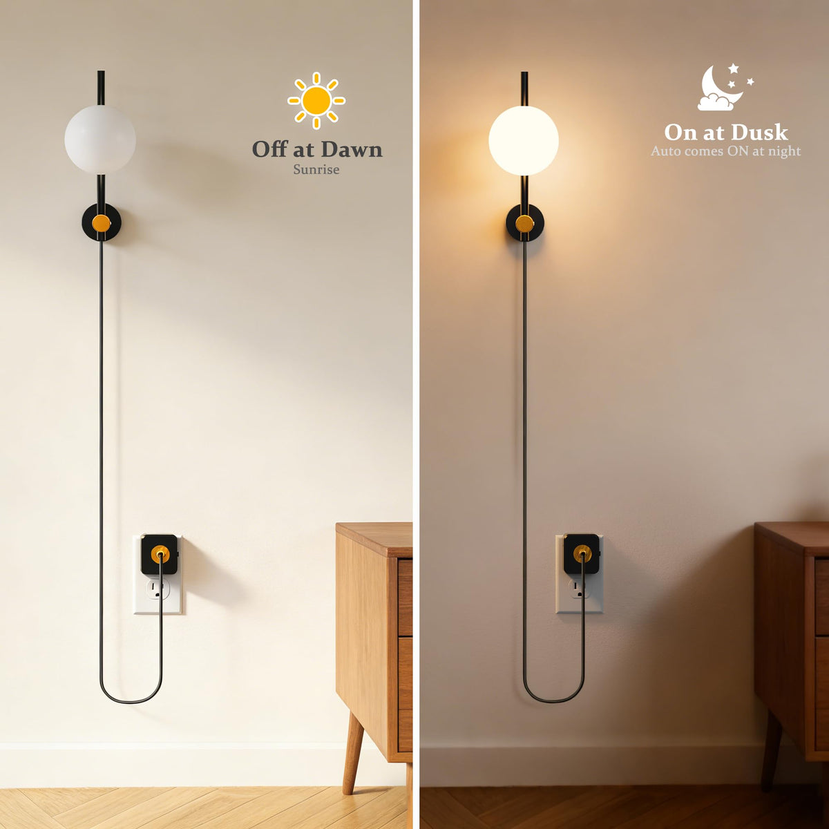 JandCase Night Lights Plug into Wall, 2 Pack 3000K Round Milky Night Light with 1.5M Braided Cord, 0-100 LM Adjustable Plug in Nightlight, Auto Light Sensor,Flexible Placement for Bedroom, Bathroom