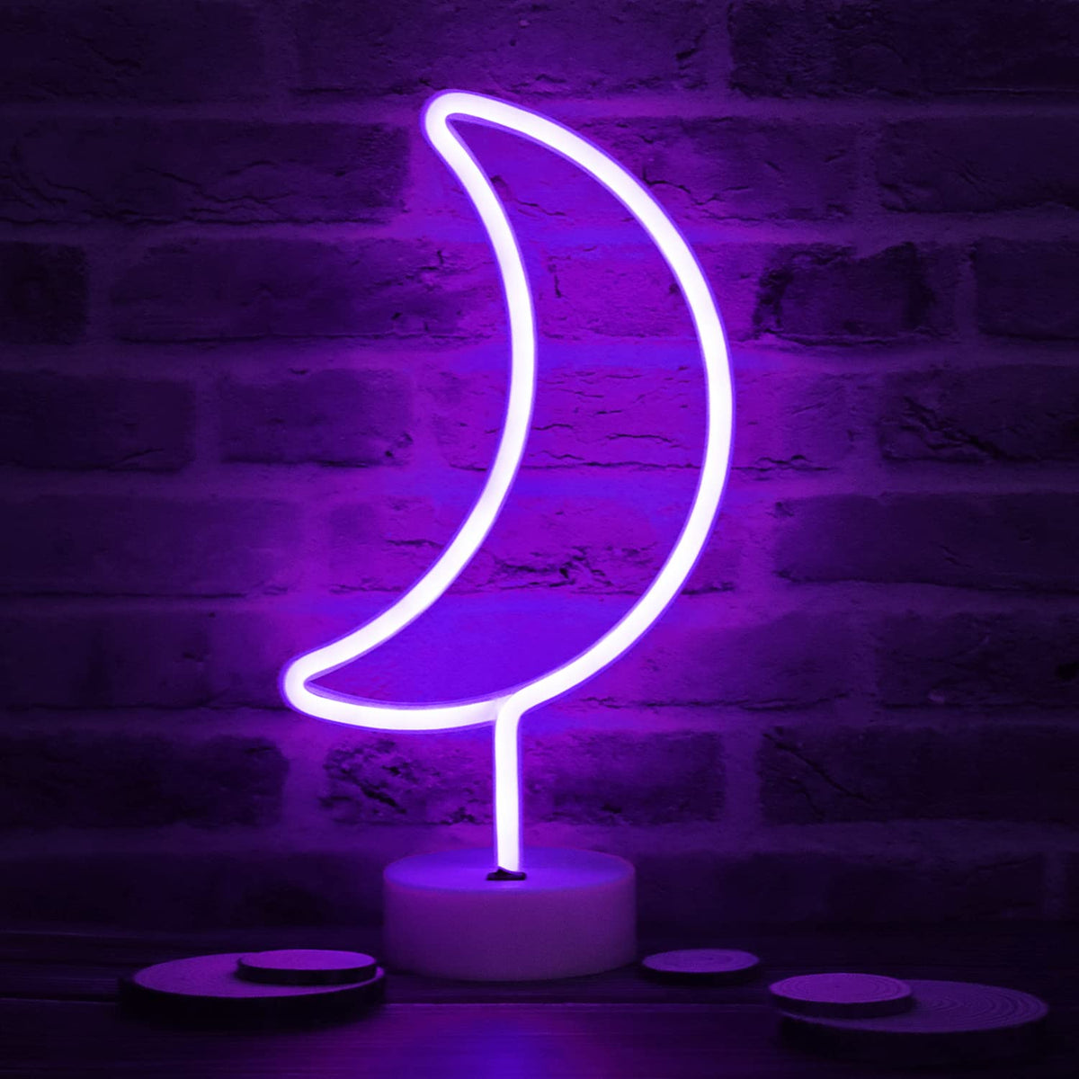 Vicila LED Moon Neon Signs, Purple Crescent Night Lights USB Battery Operated Moon Lamp for Birthday Party, Wedding, Halloween, Christmas Decorations-Holder Base(Purple)
