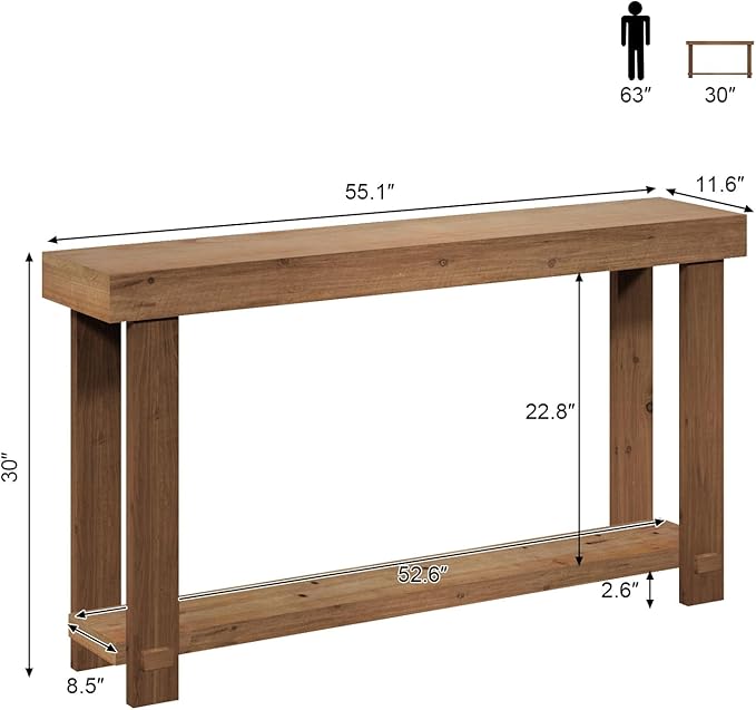 Solid Wood Console Table, 55.1" Long Farmhouse Entryway Tables Thickened
