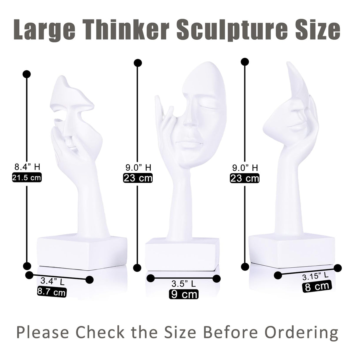 oliruim 3 Pcs Thinker Large Statue Set - White Art Abstract Home Accent Figurines for Living Room, Bedroom, Shelves, Office Desktop, Coffee Table Decor, Gift for Women (3 Pcs White, 9")