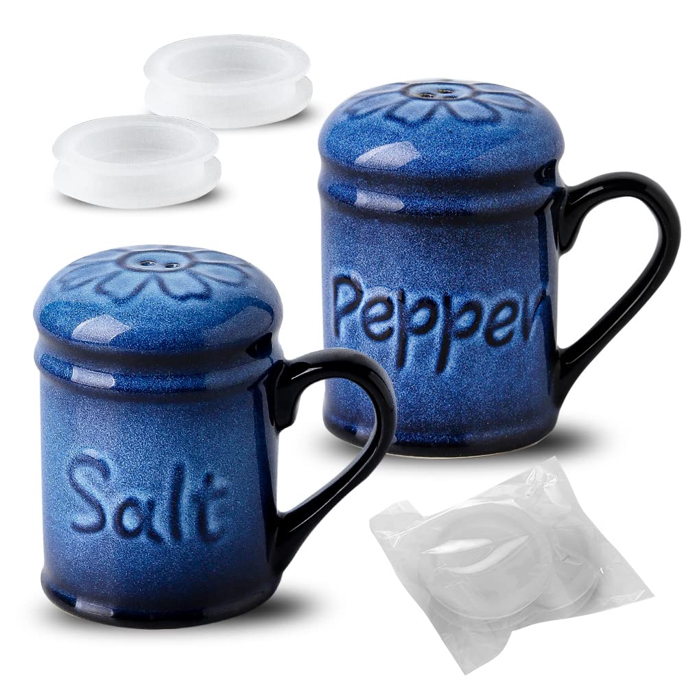 Nihow Ceramic Salt and Pepper Shakers Set & Pot Lid Holder: Heat Resistant & Dishwasher Safe Salt Shaker with Handle & Pan Lid Holder for Kitchen Counter Decor/Countertop - Elegant Black & Blue