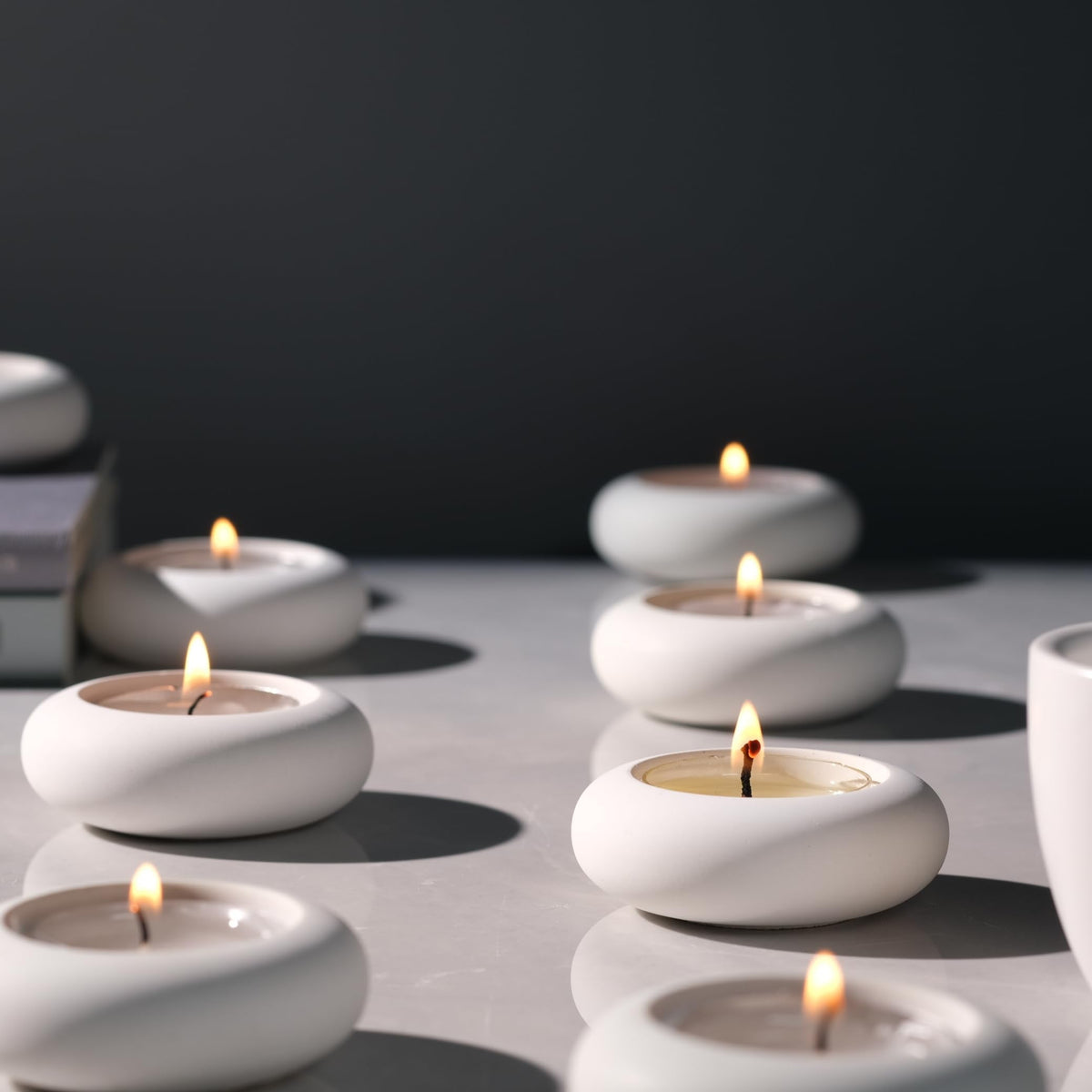 ICNBUYS Handmade Decorative Pebble Tealight Candle Holders Set of 8 - Handcrafted Home Decor Accent for Calming Earthy Aesthetic White Cement Diameter 2.6 inches