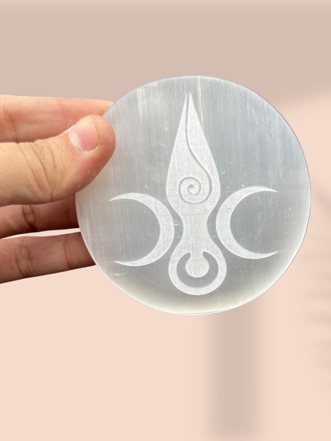 Selenite Crystal Charging Plate for Crystals and Healing Stones, 4" Selenite Crystal Plate Engraved Goddess Moon Coaster for Home Office Table Decor