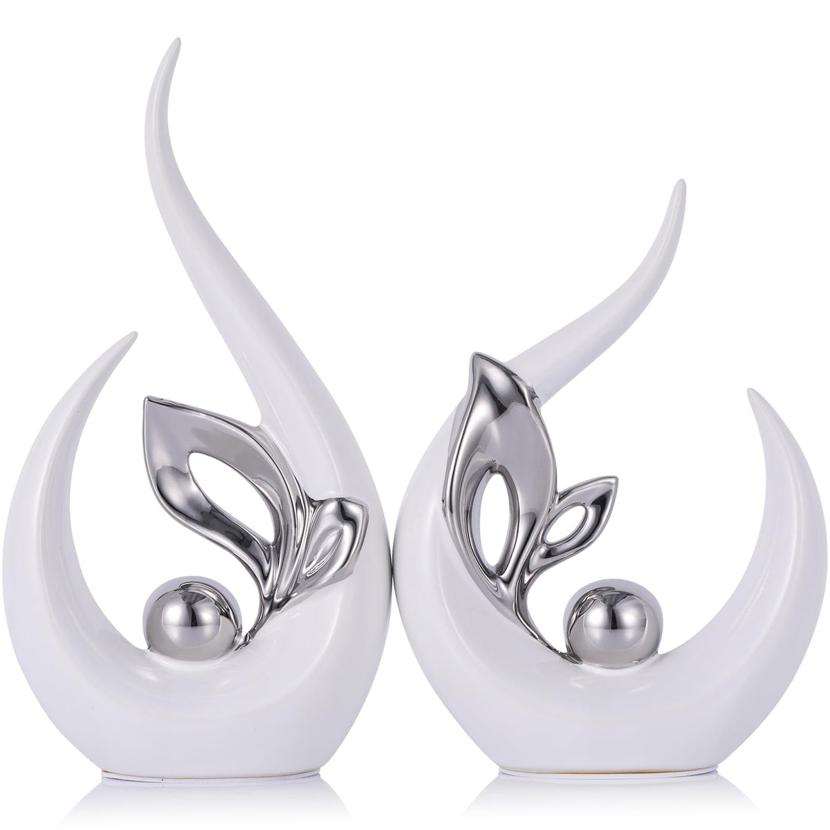 9.4" H White Silver Abstract Sculptures Home Decor, Ceramic Art Statue Cool Stuff to Put on Shelves&tv Stand Decor, Silver Accent Entertainment Center, for Fireplace Coffee Table Dining Table Decorate