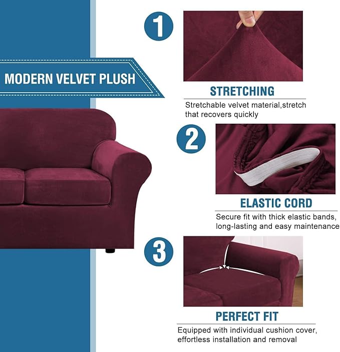 H.VERSAILTEX Velvet 4 Piece High Stretch Sofa Slipcover Cover Furniture