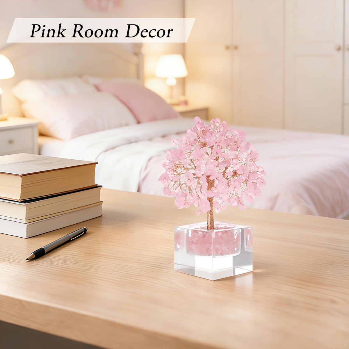 MAGIC AND MIRACLES Feng Shui Natural Rose Pink Quartz Crystal Money Tree Healing Crystals, Bonsai Style Decoration Office Home Desk Decor for Wealth Good Luck, Gifts for Women Mom Friends