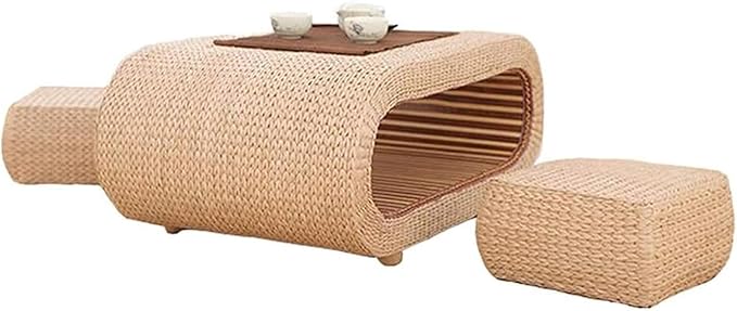 Solid Wood Japanese-Style Table and Stool Set, Including Tatami Tea Table