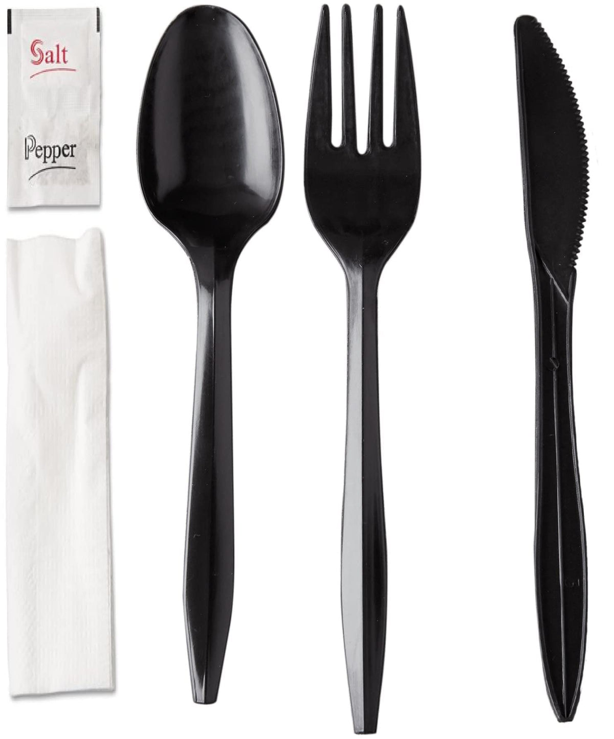 Supellectilem 250 Plastic Cutlery Packets-Knife Fork Spoon Napkin Salt Pepper Sets|Black Silverware Sets Individually Wrapped Kits, Utensil Set Disposable Bulk To Go, 250-BCP-KFSSP
