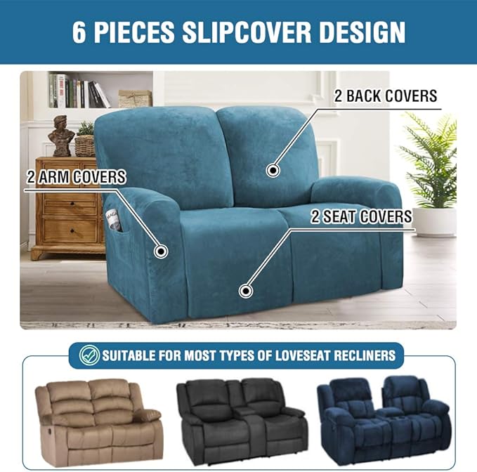 H.VERSAILTEX Velvet Stretch Recliner Couch Covers 6-Pieces Recliner Loveseat