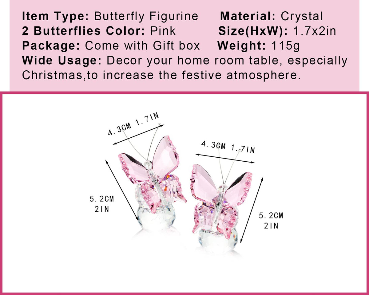 kanpura 2 Pcs Crystal Butterfly Figurines with Clear Glass Ball Base,Glass Butterfly Statues, Crystal Animal Figurines for Home Decor, for Women(Pink)