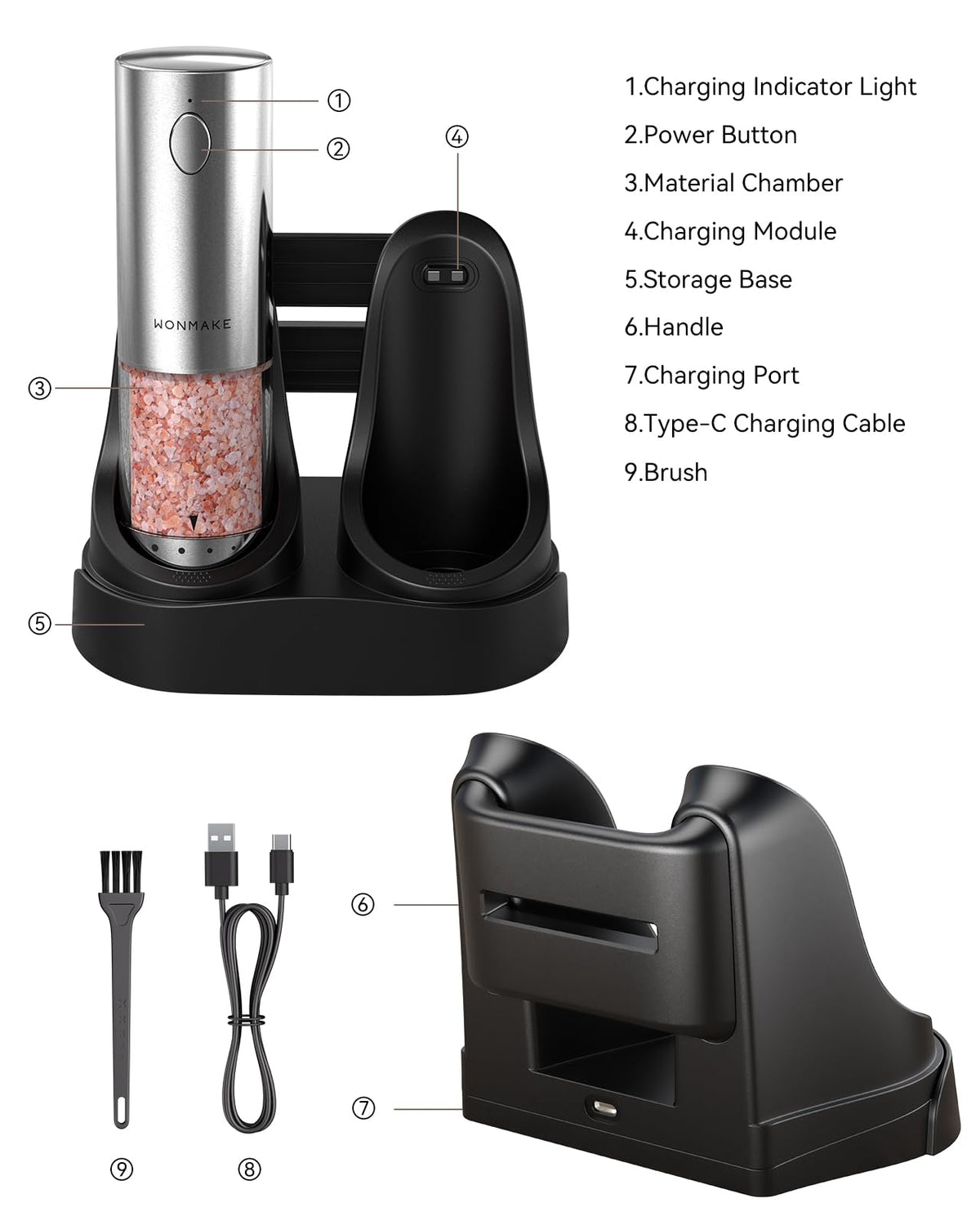 Electric Salt and Pepper Grinder Set - Automatic Refillable Salt and Pepper Grinders with Charging Base & LED Light, 6-Level Adjustable Coarseness with External Dial, Ideal Kitchen Gadget，Silver