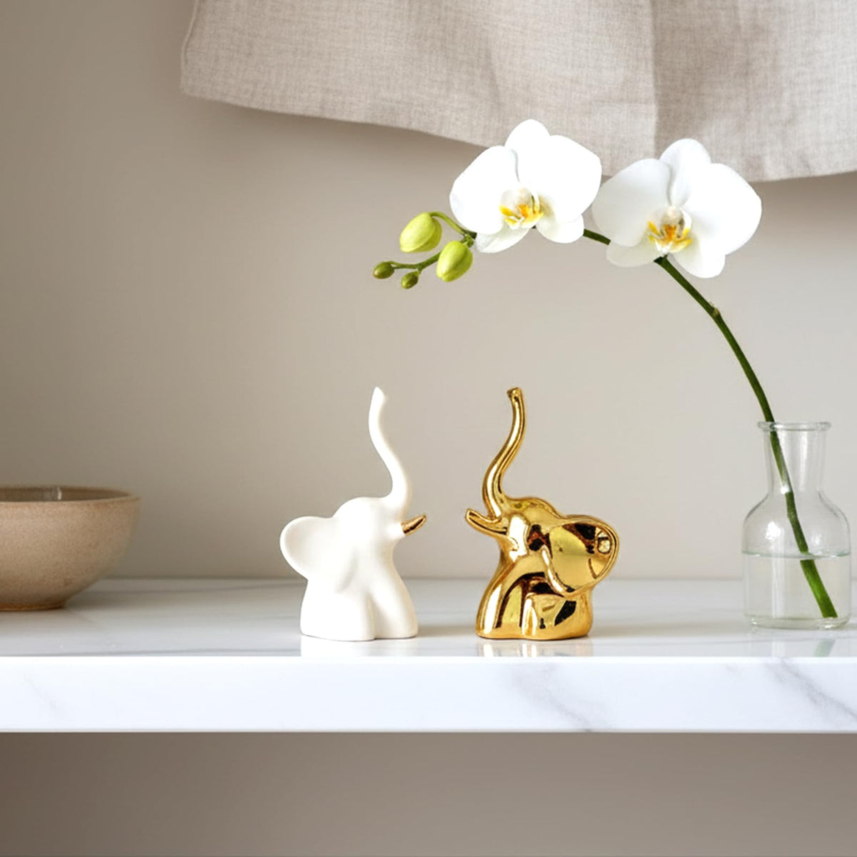 BIHOIB Home Decor Elephant Statues,1 Pair, Small Decorative Accents for Shelves, Livingroom and Bedroom, Gold and White