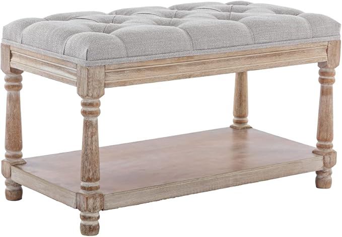 Farmhouse Storage Bench Wooden Entryway Linen Upholstered Ottoman Button Tufted