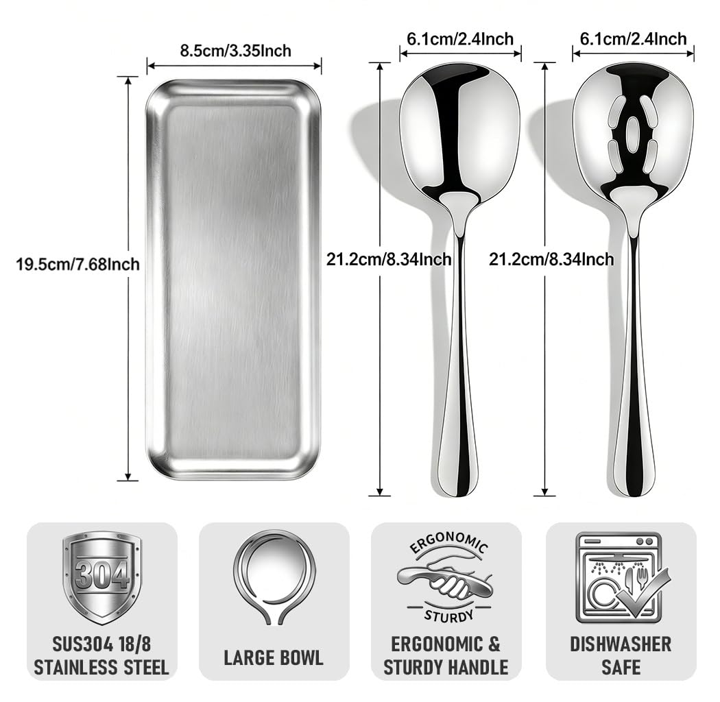 4-Piece Serving Spoons Set with 2 Spoon Rests, 18/8 304 Stainless Steel, Large Buffet Serving Spoons, Heavy Duty Flatware Utensils for Banquet, Cooking & Kitchen