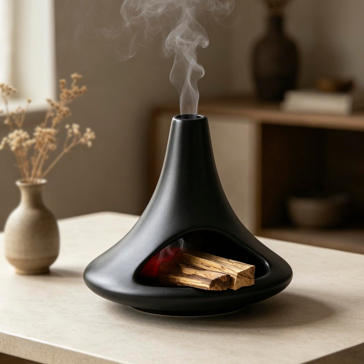 Ceramic Palo Santo Holder Chiminea Shape Burner, Mini Smudge Bowl with Ash Catcher for Incense Cones & Candles, Palo Santo Sticks, for Meditation, Yoga, Cleansing Ceremony, Handmade (Matte Black)