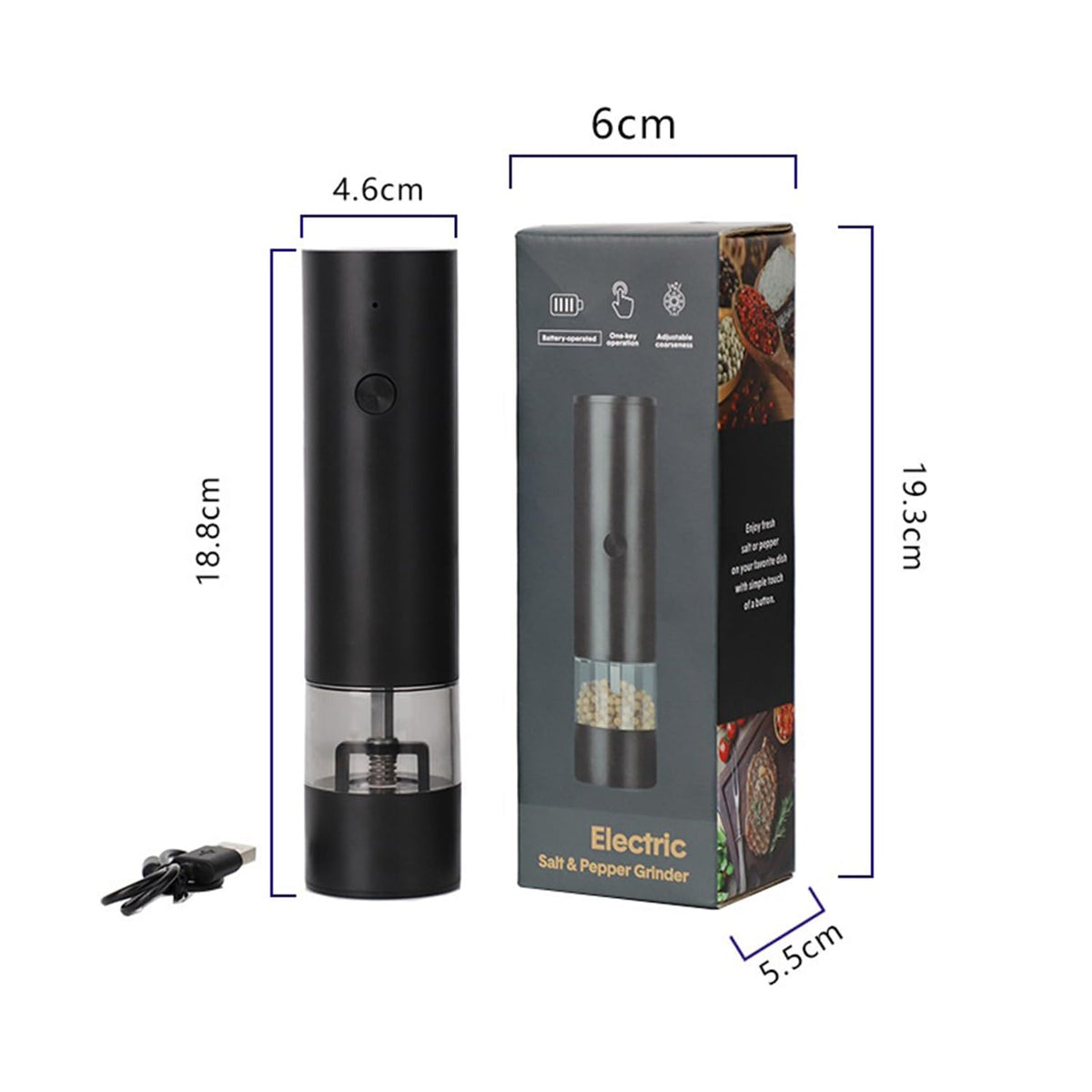 Lecroooi Electric Pepper or Salt Grinder, Automatic Pepper Mill with LED Light, Rechargeable Adjustable Coarseness Salt & Pepper Mill, Ideal for Kitchen, Outdoor, BBQ (1 Pack,Black)