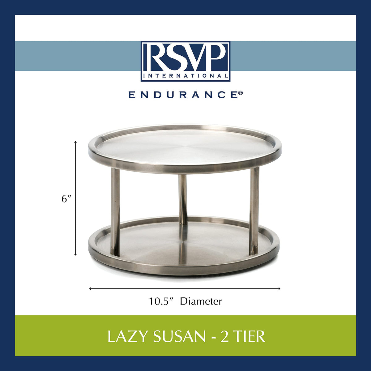 RSVP International Two-Tier Turntable Lazy Susan | Handy in Cabinet, Refrigerators & Counters | Organize Spices, Canned Foods, Pots, Pans, Dinnerware, 10.5" x 6", Stainless Steel