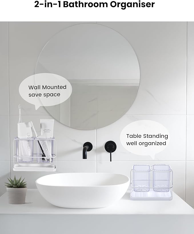 KONE Clear Toothbrush Holders for Bathroom, 2 Cups Wall Mounted, Dry & Wet