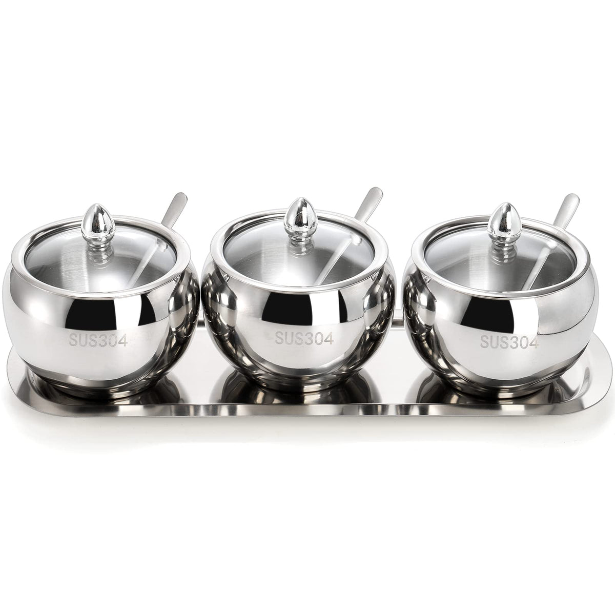 Hedume 3 Grids 304 Stainless Steel Seasoning Containers Set with Lid Spoon and Tray, Condiment Jar Spice Container, Condiment Canisters Pots for Serving Sugar, Pepper, Salt, Spice