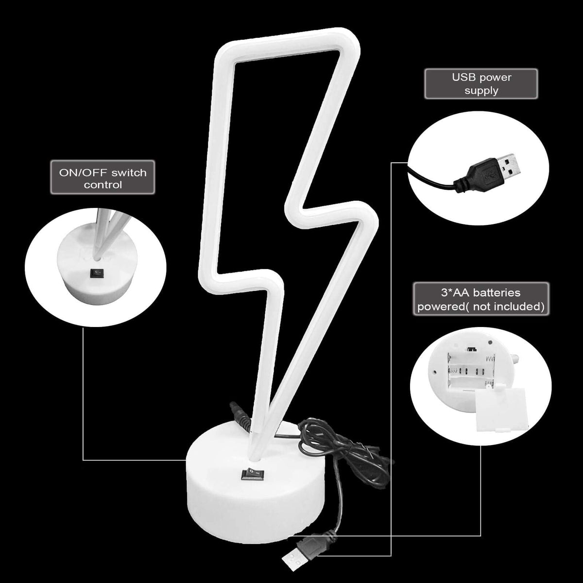 VIFULIN Pink Lightning Bolt Neon Sign, Aesthetic Room Decor for Bedroom, Battery/USB Operated LED Light with Base