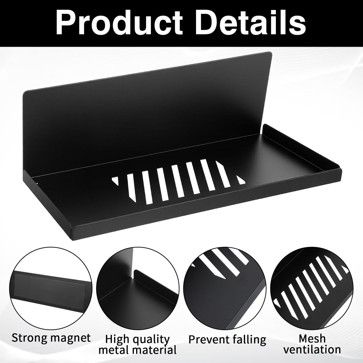 Xaajooio 4 Pack Black Magnetic Shelves Organizer, 12x4.8x3.6 Inch Heavy Duty Steel Pegboard Spice Rack Tray for Kitchen Refrigerator Cabinet Whiteboard Office
