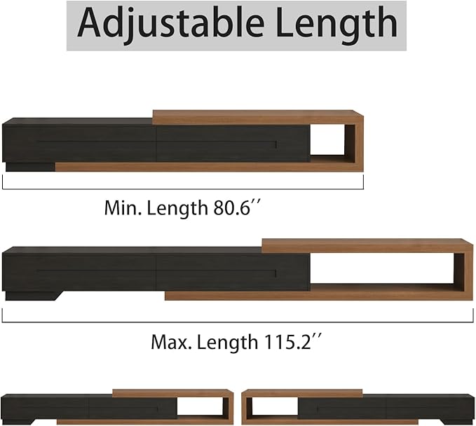 Extendable TV Stand with 2 Drawers, Long Reversible Entertainment Center with