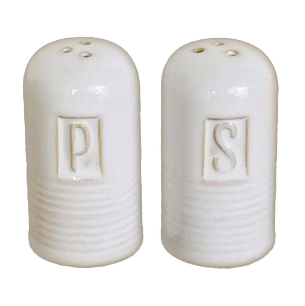 100 North S and P Ribbed Stamped Design, Antique White 3 x 1.6 Inches Glazed Ceramic Salt-N-Pepper Shaker Set