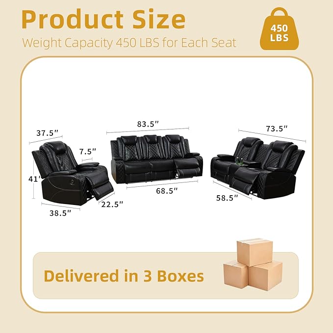 3-Piece Leather Power Recliner Sofa Set