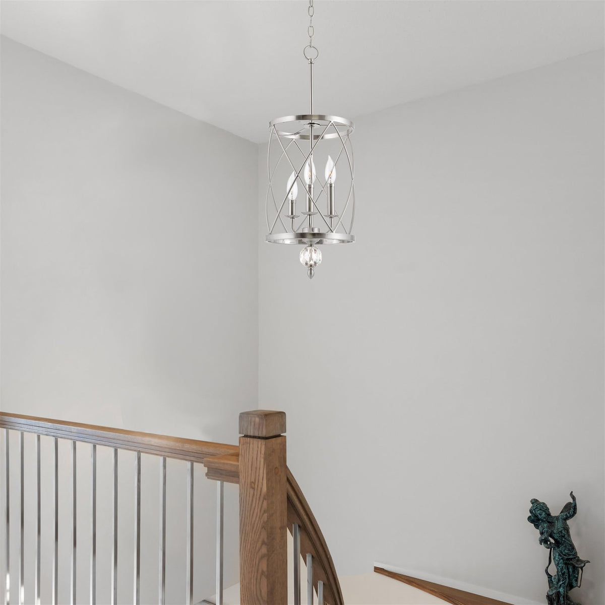 Kira Home Eleanor 27" Modern 3-Light Geometric Lantern Chandelier, Cylinder Trellis Cage Pendant Light with Crystal Finial, Brushed Nickel Finish
