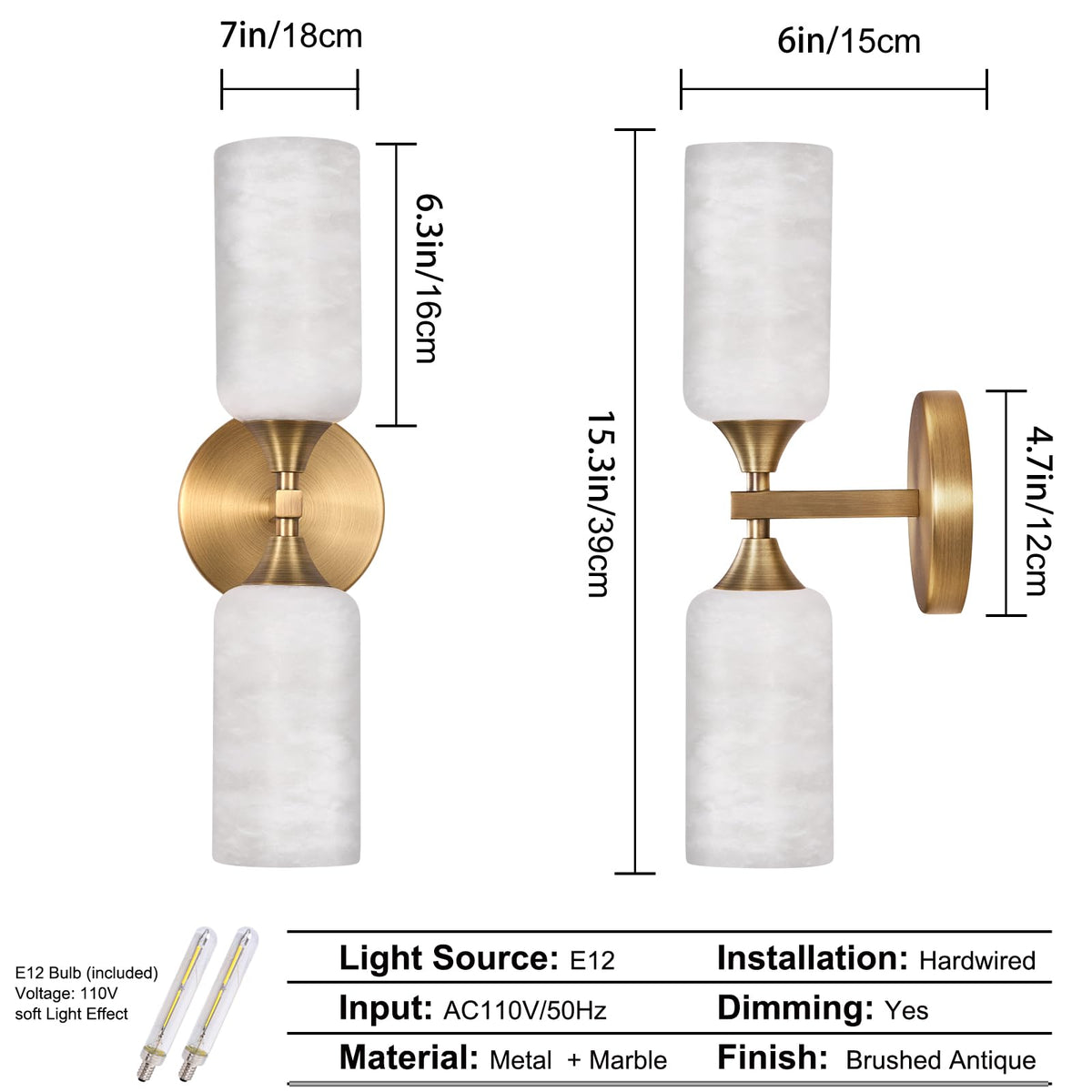 Stbri Alabaster Sconces Set of 2,15.3in Modern Natural Marble Vanity Light, Hardwired Brass Gold Wall Sconces Lighting for Living Room,Bedroom,Indoor Sconces for Bathroom Mirror,Hallway