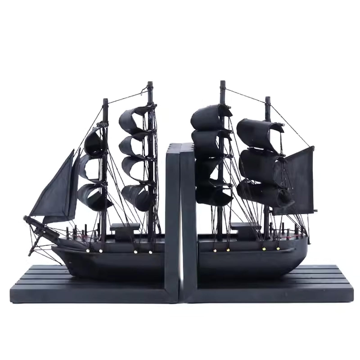 NAUTIMALL Wooden Ship bookends The Black Pearl Pirate 10" Prebuilt Caribbean Coastal Sailboat Decor Nautical Gift for Enthusiasts