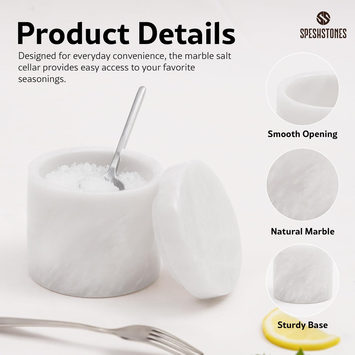 SPESHSTONES White Marble Salt Cellar 3 Inch Handmade Stone Salt Containers for Countertop, 5.2 oz Sugar Jar with Lid and Spoon, Salt Bowl, Marble Salt Holder to Store Spice, Table & Flaky Salt