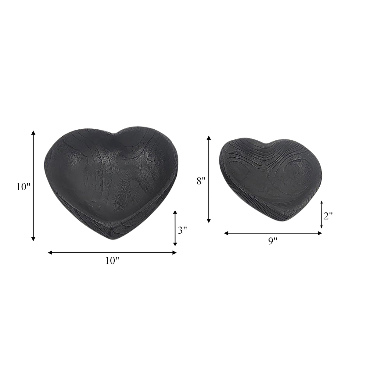 Set of 2 Wooden Decorative Bowls – Accent Bowl Set for Everyday Display, Coffee Table or Entryway Styling – Heart Shape Design for Soft, Sculptural Impact, Home Decor – 10" & 8", Black
