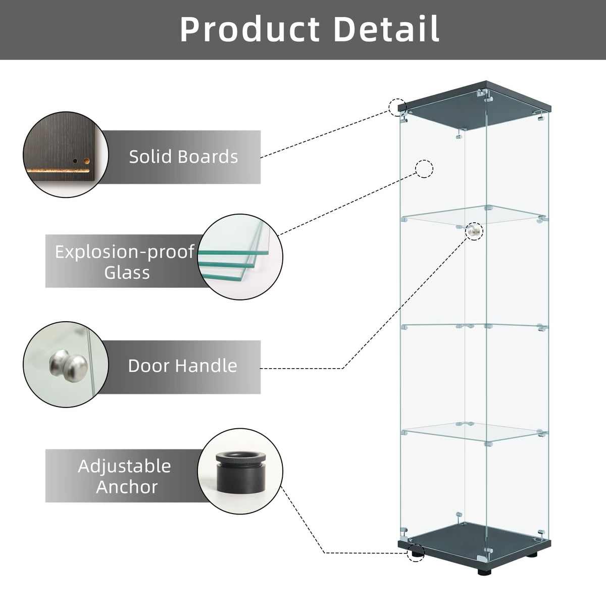 LFT HUIMEI2Y Glass Display Cabinet with Door & Lock, 4-Tier Curio Cabinet for Collectibles, Figures, Wine, Tempered Glass Display Case for Living Room Bedroom Office, 65”x 17”x 14” Black