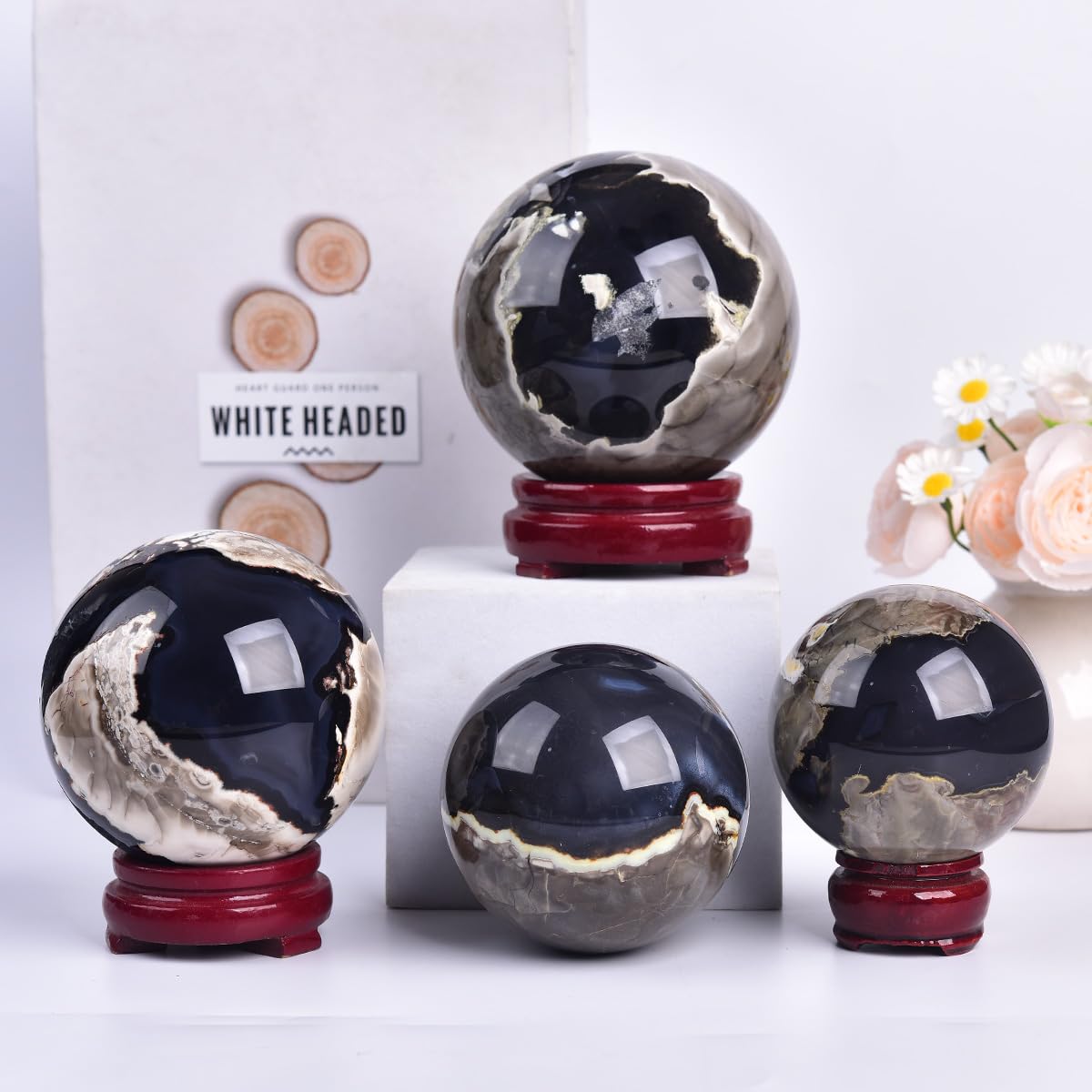 JIC Gem 2.7-3.1 inch(70-80mm) Large Volcanic Agate Crystal Sphere Quartz Crystal Ball with Stand Healing Ornament Witchcraft Meditation Decor