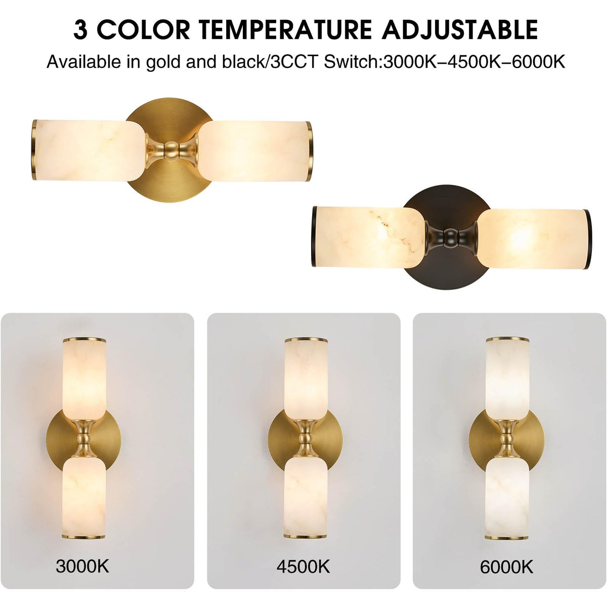 Fanyank 14.2Inch Natural Alabaster Wall Sconce, Nordic Style Natural Stone Wall Lamp, Marble Lampshade Up and Down Lighting Fixtures for Bedroom Living Room Kitchen Stairs Gold