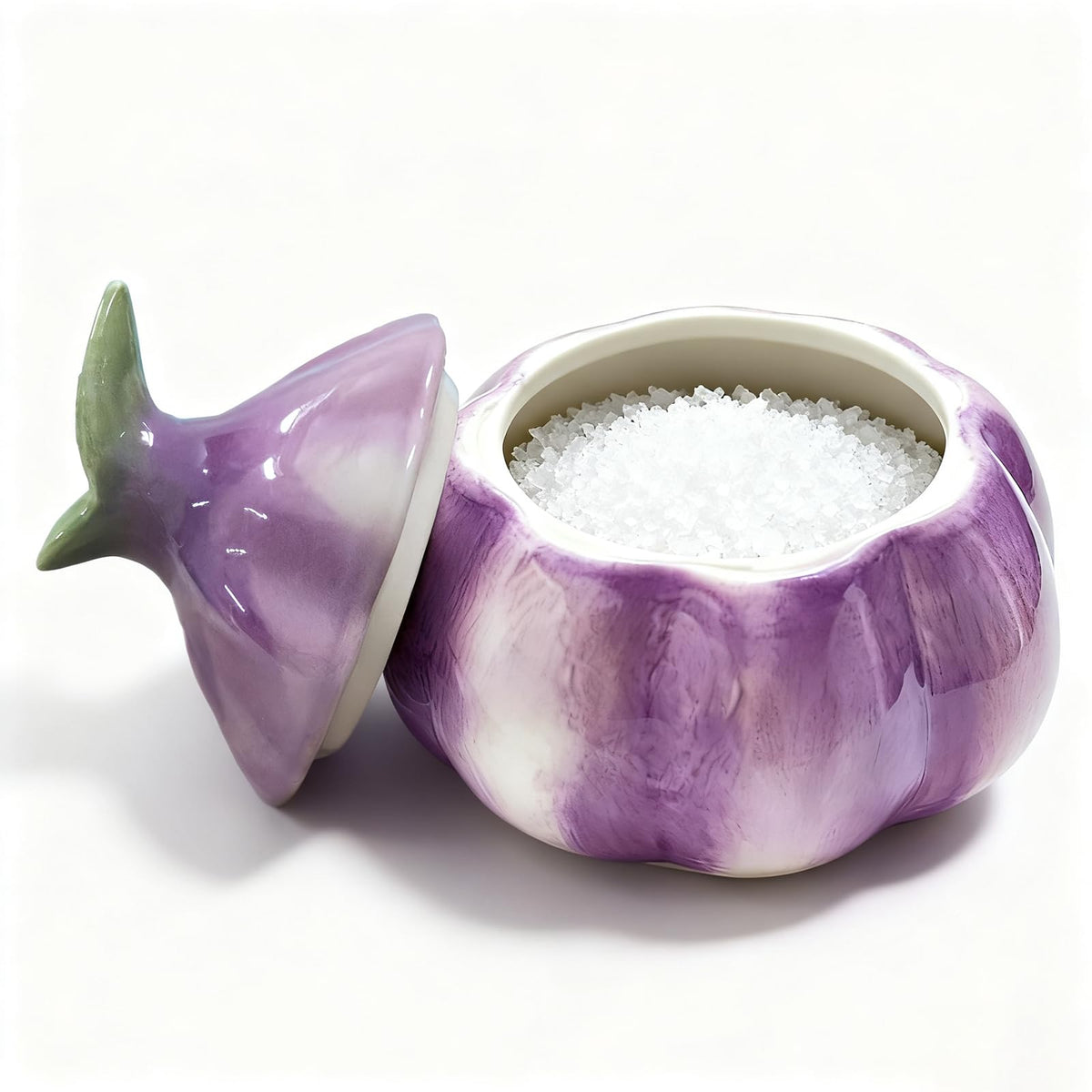 HELAIMAY Garlic Shaped Ceramic Salt Cellar with Lid, Spices Storage Container, Coffee, Sugar, Spices and Candies, Salt Containers for Countertop, 1 Piece