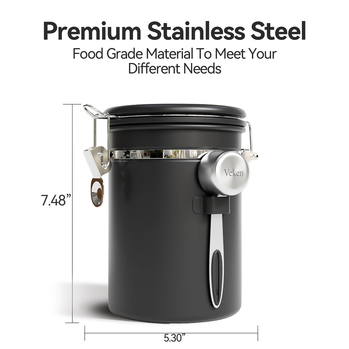 Veken Coffee Canister with Window,Airtight Stainless Steel Pantry Container,Kitchen Food Storage Organizers for Beans,Ground,Espresso,Rice,Tea,Sugar, Cereal, Bar Accessories,Gifts,Lids,Jars,22OZ,Black